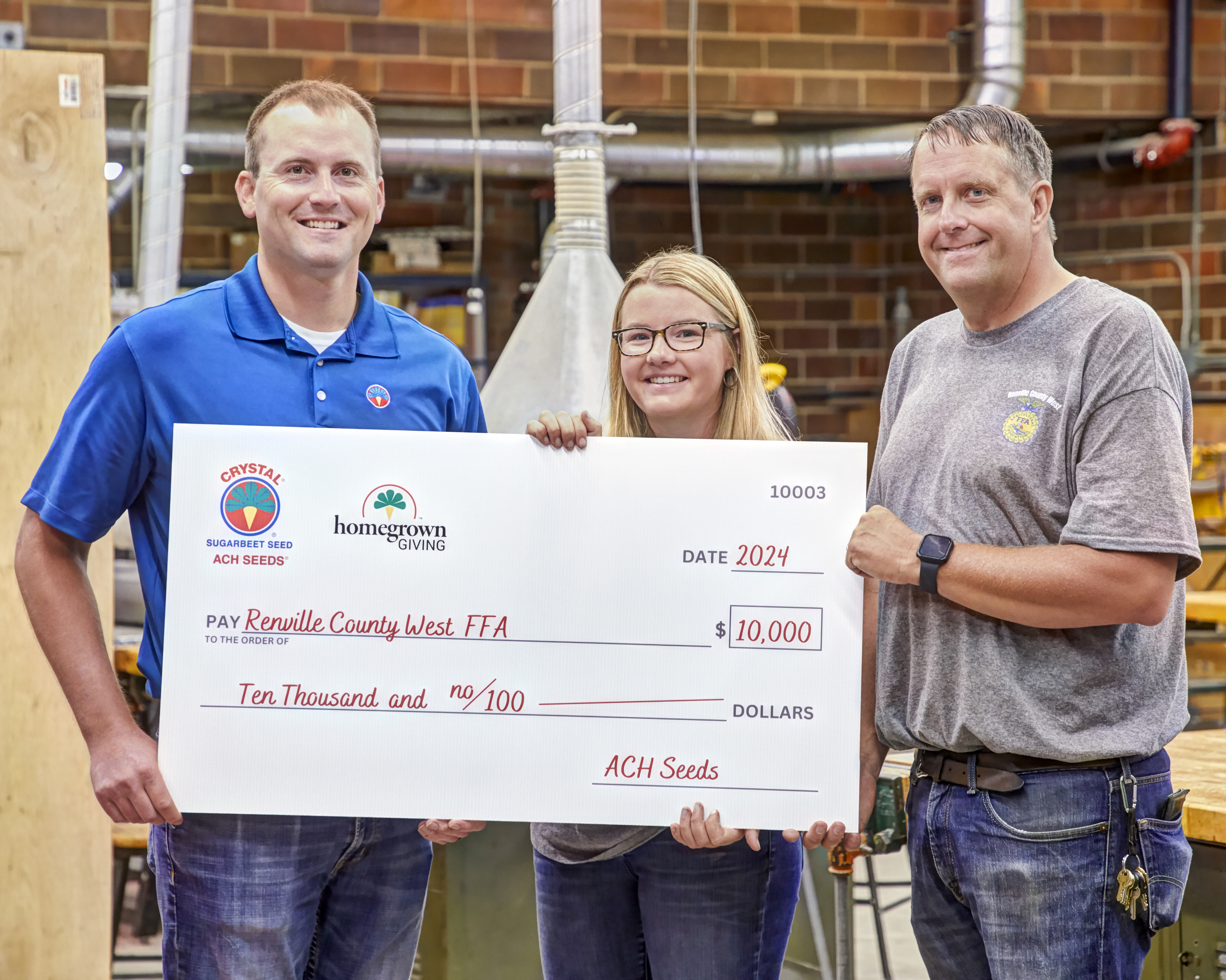 Renville County West FFA with their $10,000 check